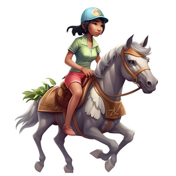 Illustration of a young girl riding a horse on a white background