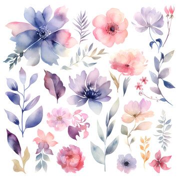 Watercolor flowers set. Hand painted illustration. Isolated on white background.