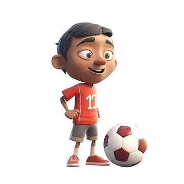 Cartoon boy with soccer ball isolated on white background 3d rendering