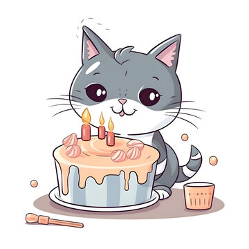 Cute cartoon cat with birthday cake and candles. Vector illustration.