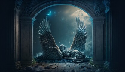 Beautiful sleeping angels guardian night photography image AI generated art