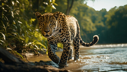 A Leopard Wonders Cautiously Through Flooded Rainforest