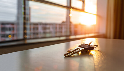 Keys on the table in new apartment against the background of sunset and large windows. Mortgage, investment, rent, real estate, property concept.