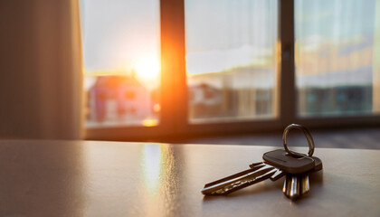 Keys on the table in new apartment against the background of sunset and large windows. Mortgage, investment, rent, real estate, property concept.