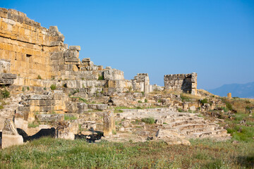 Historical stone ruins, temples and sky in Denizli Pamukkale Hierapolis