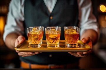 Photo of a man holding a tray with three glasses of whiskey