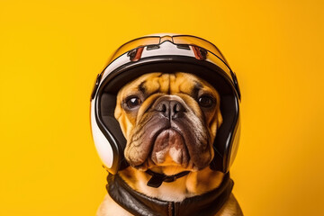 Photo of a dog wearing a motorcycle helmet on a vibrant yellow background