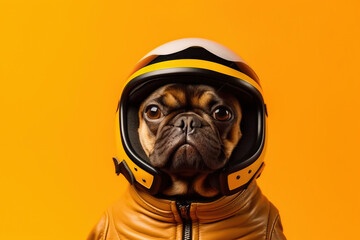Photo of a stylish dog posing in a leather jacket and helmet