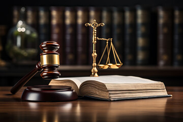 Photo of a law book and a gavel on a table - obrazy, fototapety, plakaty