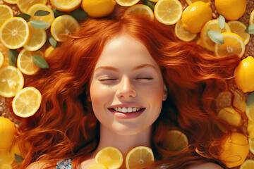 Obraz na płótnie Canvas Photo of a woman with red hair surrounded by lemons