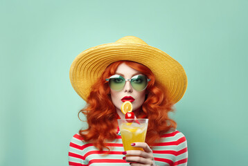 Photo of a woman with red hair wearing a yellow hat and sunglasses holding a drink