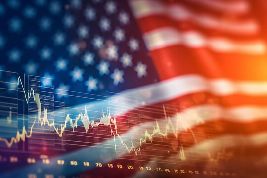 Photo of an American flag and stock market chart representing the economy and patriotism