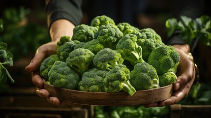 a man's hands holding a wooden box with broccoli vegetables