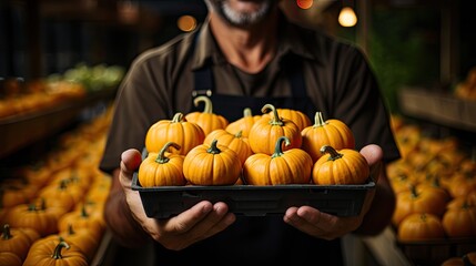 a man hands holding wooden box with pumkin