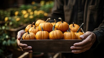a man hands holding wooden box with pumkin