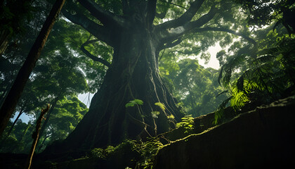 A Giant Tree Towers Over A Pristine Rainforest Environment