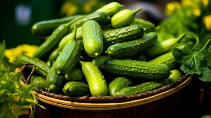 Fresh cucumbers on the counter display. Product for salads, low-calorie tasty vegetable for a healthy snack. Generative AI

