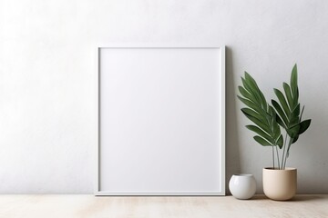 Empty square frame mockup in the modern minimalist interior over white wall background, Template for artwork, painting, photo, or poster
