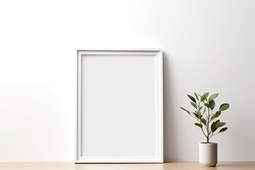 Empty square frame mockup in the modern minimalist interior over white wall background, Template for artwork, painting, photo, or poster