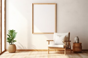 Blank picture frame mockup on a wall in a rustic interior. Artwork template mock-up in interior design. View of modern boho-style interior with chair