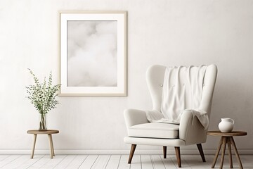 Fototapeta premium Blank picture frame mockup on a wall in a rustic interior. Artwork template mock-up in interior design. View of modern boho-style interior with chair