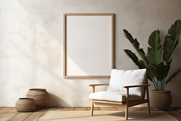 Obraz na płótnie Canvas Blank picture frame mockup on a wall in a rustic interior. Artwork template mock-up in interior design. View of modern boho-style interior with chair