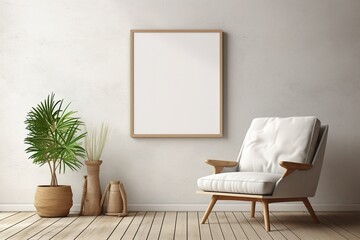 Blank picture frame mockup on a wall in a rustic interior. Artwork template mock-up in interior design. View of modern boho-style interior with chair