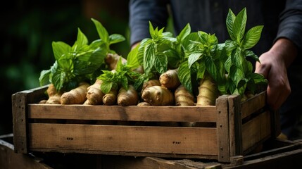 a man's hands holding a wooden box with ginger