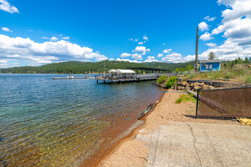 A small marina with boats and yachts at Carlin Bay, one of the bays on Lake Coeur d'Alene, in Coeur d'Alene, Idaho, in the North Idaho Panhandle.
