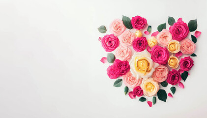 Fototapeta premium Enchanted Love: Heart of Roses and Leaves on White Background, Generative AI