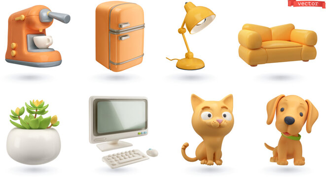 Home objects and pets 3d vector cartoon icon set