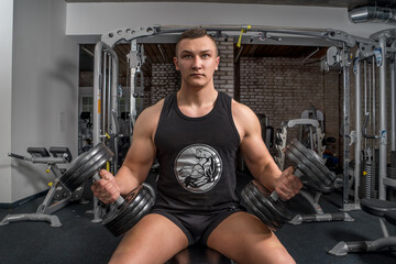 Fototapeta na wymiar bodybuilder with under heavy dumbbells in the gym