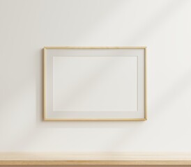 Interior poster mockup with horizontal wooden frame.