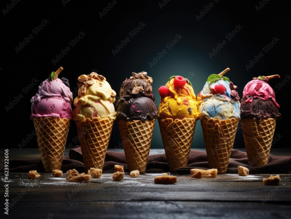 Poster a row of ice cream cones sitting on top of a table. generative ai.