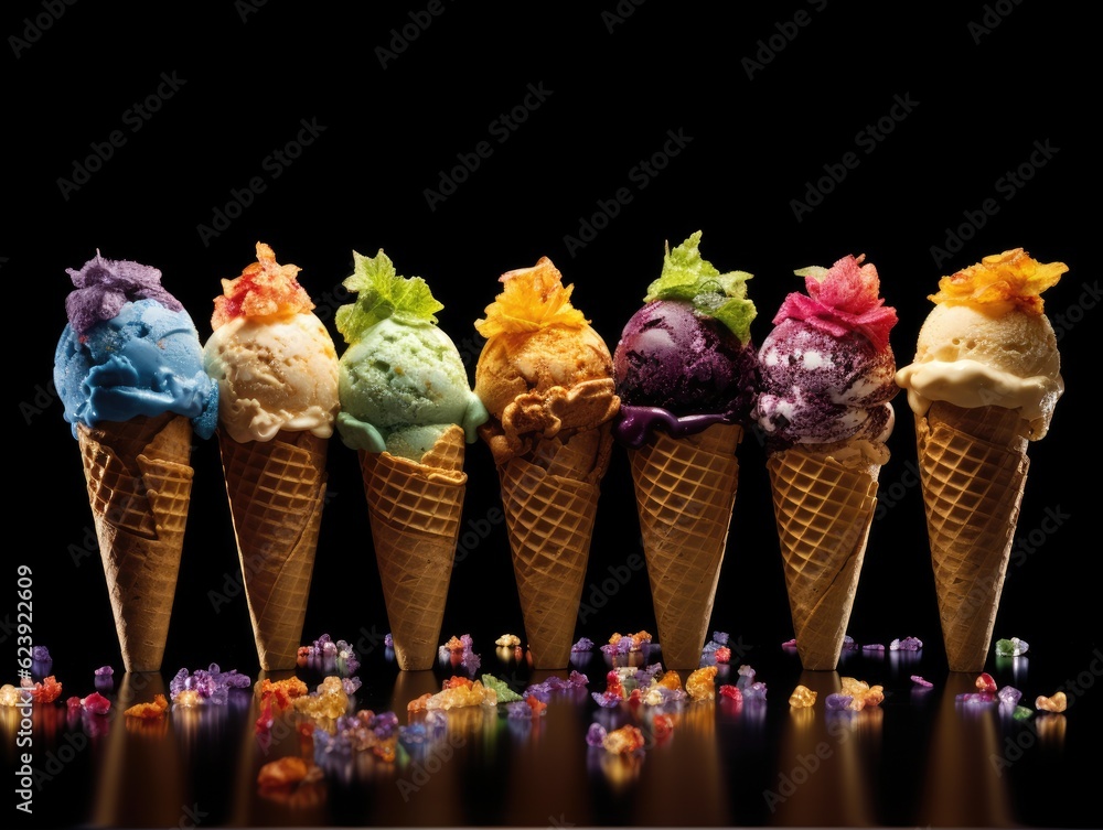 Poster a row of ice cream cones with colorful toppings. generative ai.