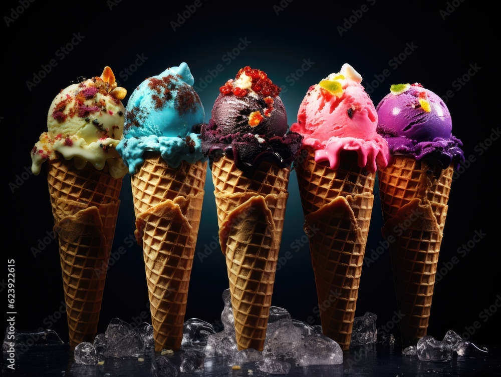 Poster a row of ice cream cones with different flavors. generative ai.