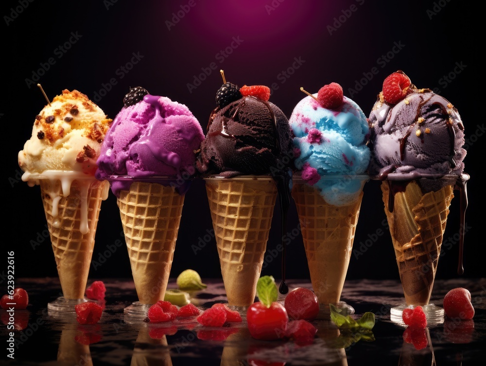 Poster a row of ice cream cones with different toppings. generative ai.
