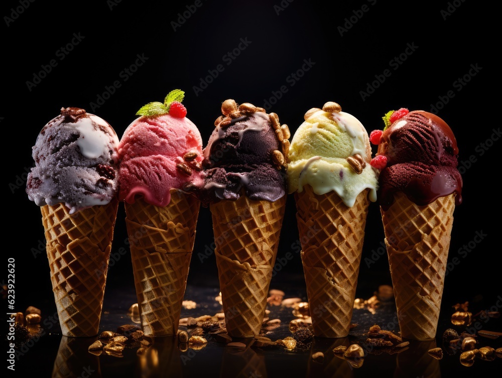 Poster a row of ice cream cones with nuts on top. generative ai.