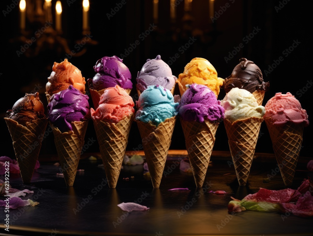 Aufkleber a row of ice cream cones on a table. generative ai.