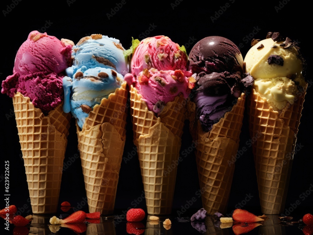 Aufkleber a row of ice cream cones with different flavors. generative ai.