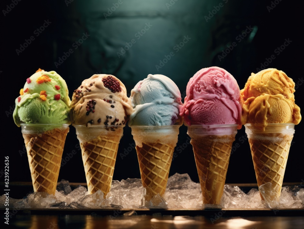 Poster a row of ice cream cones sitting on top of a table. generative ai.