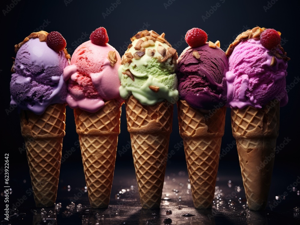 Poster a row of ice cream cones with different flavors. generative ai.