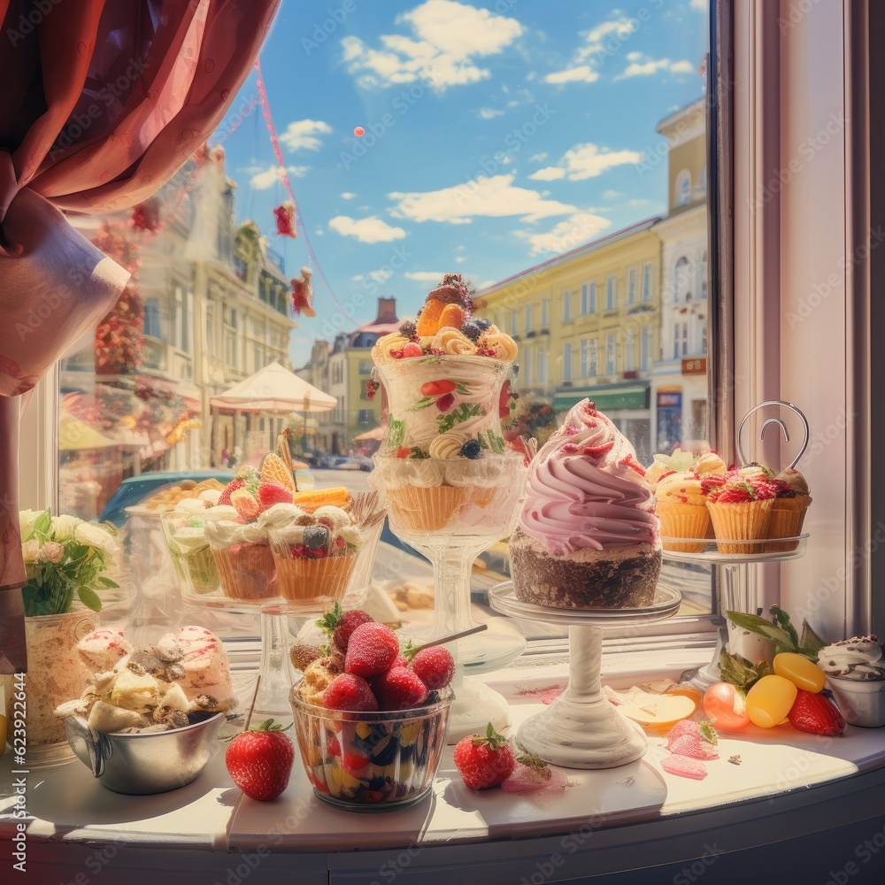 Poster a window filled with lots of different types of cupcakes. generative ai.