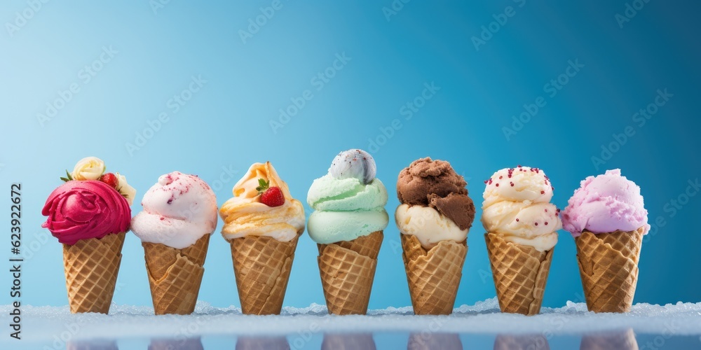 Poster a row of ice cream cones with different flavors. generative ai.