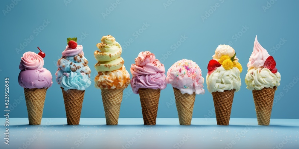 Poster a row of ice cream cones with different toppings. generative ai.