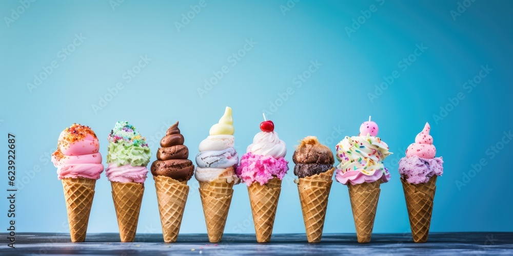 Poster a row of ice cream cones with different toppings. generative ai.