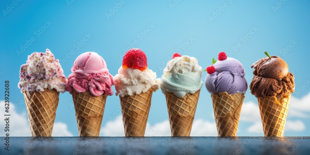 Poster a row of ice cream cones with different flavors. generative ai.