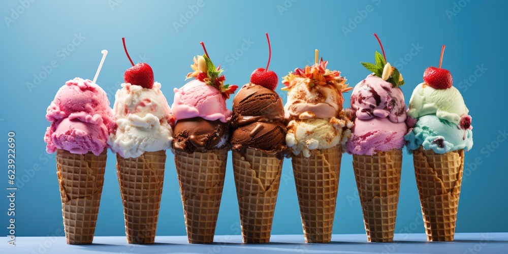 Poster a row of ice cream cones with different toppings. generative ai.
