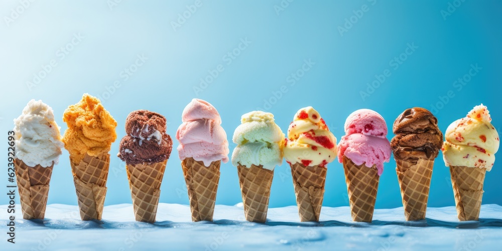 Poster a row of ice cream cones with different flavors. generative ai.