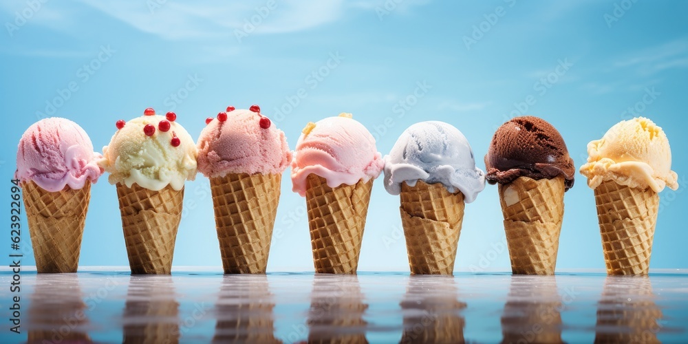 Poster a row of ice cream cones with different flavors. generative ai.
